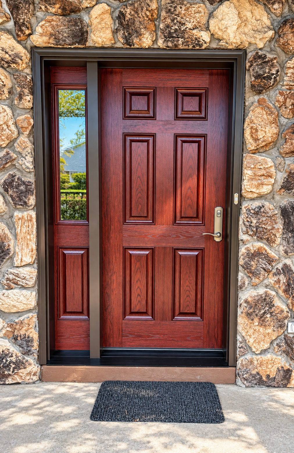 Pella entry door with sidelight, stone exterior