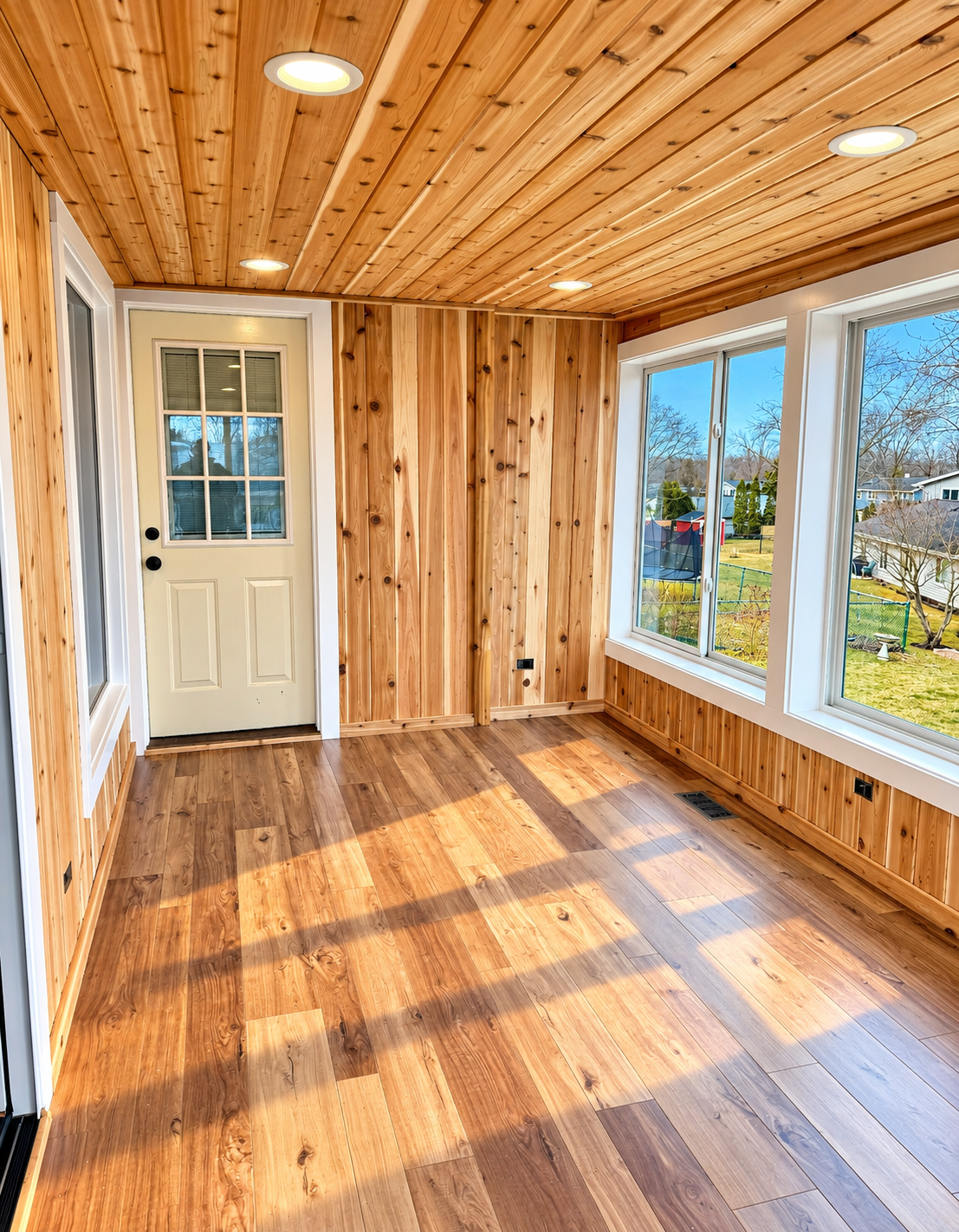 Four-season room, entry door and cedar walls