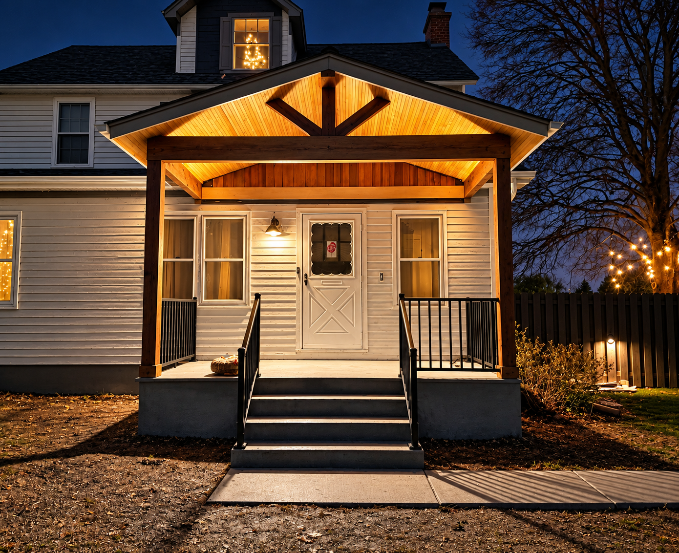 Front portico with timber gable, night view