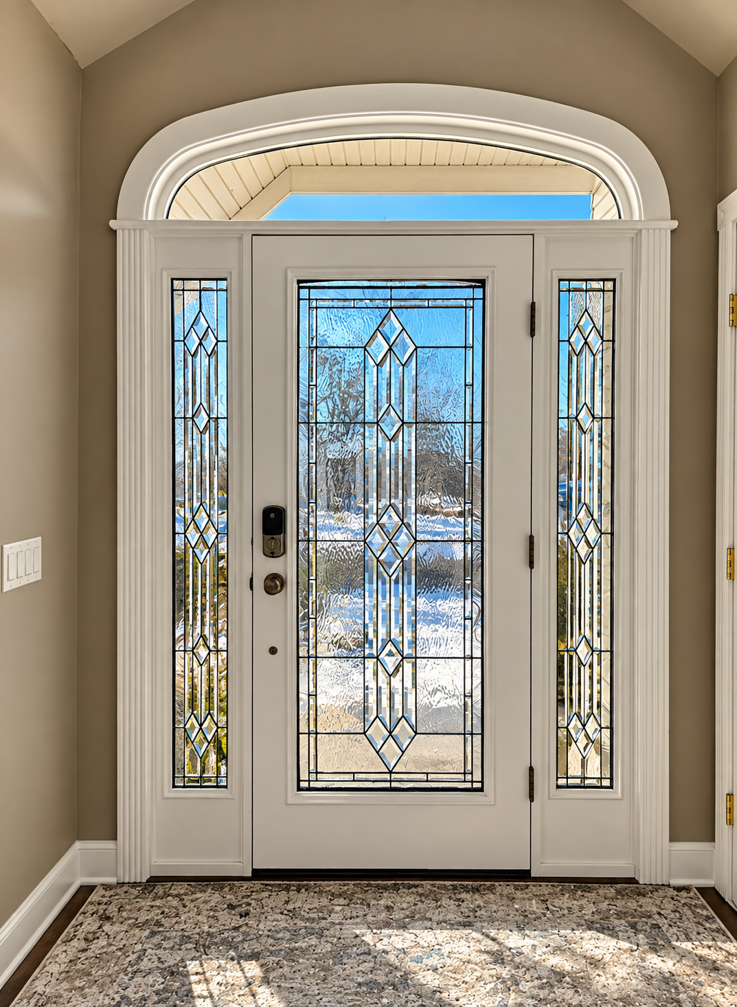 Leaded glass entry door, interior view