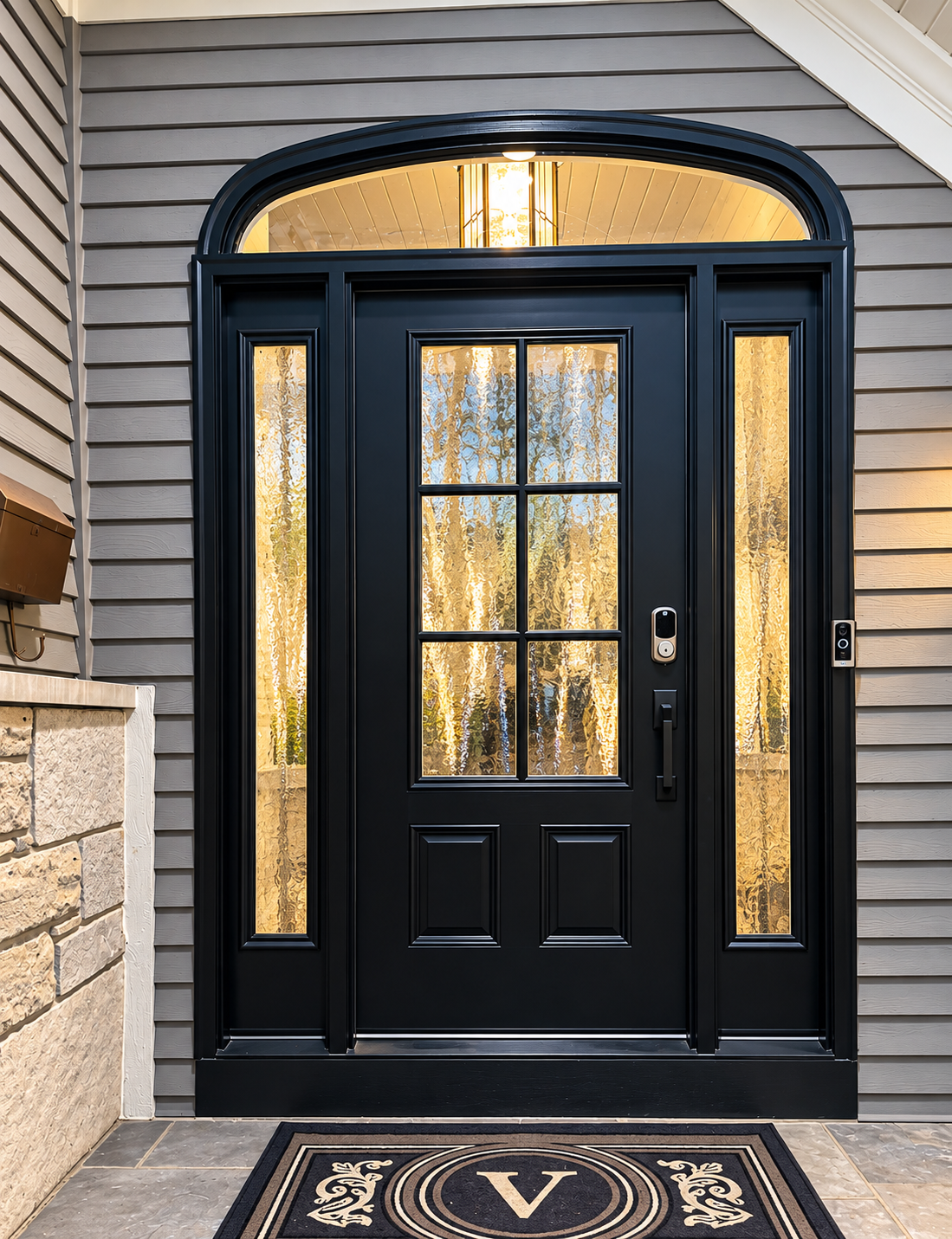 Black entry door with arched transom, exterior