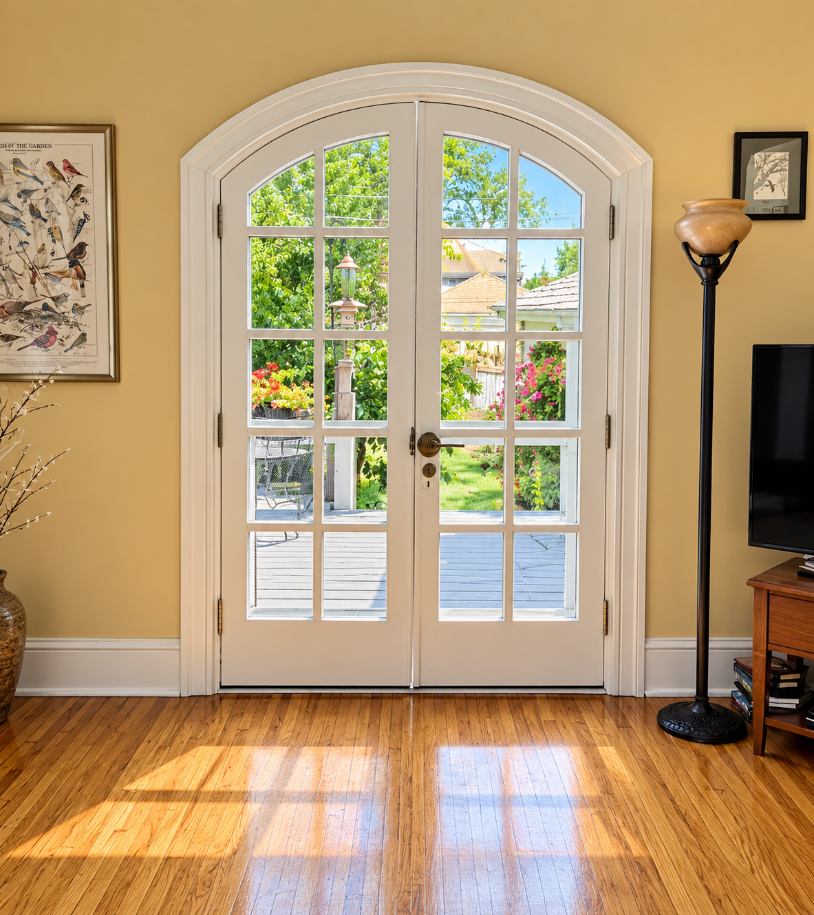 Arched French doors, closed