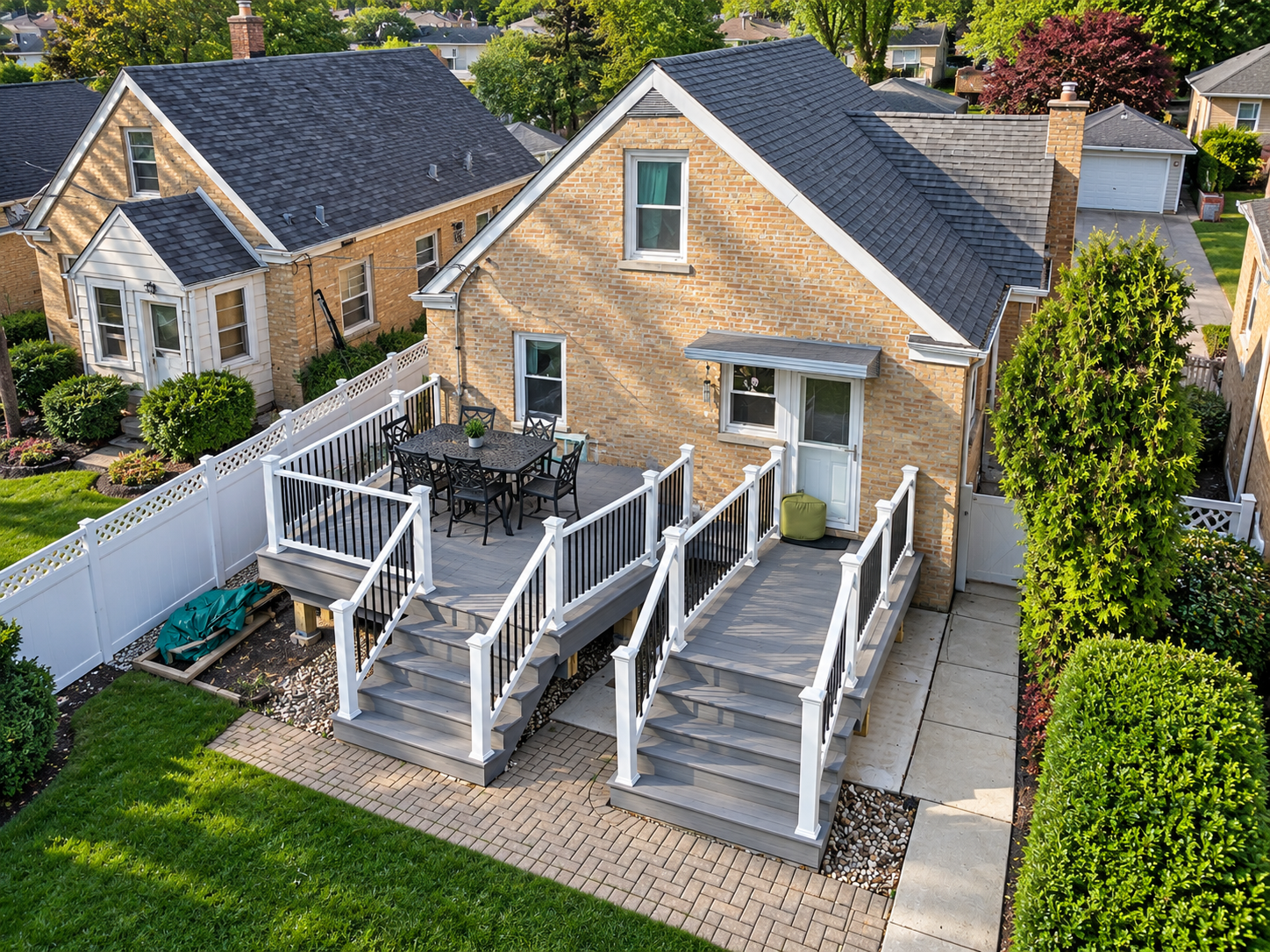 Composite deck and stairs, side angle