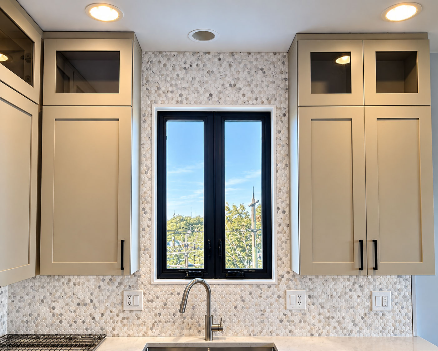 Pella Impervia black fiberglass casement windows, kitchen